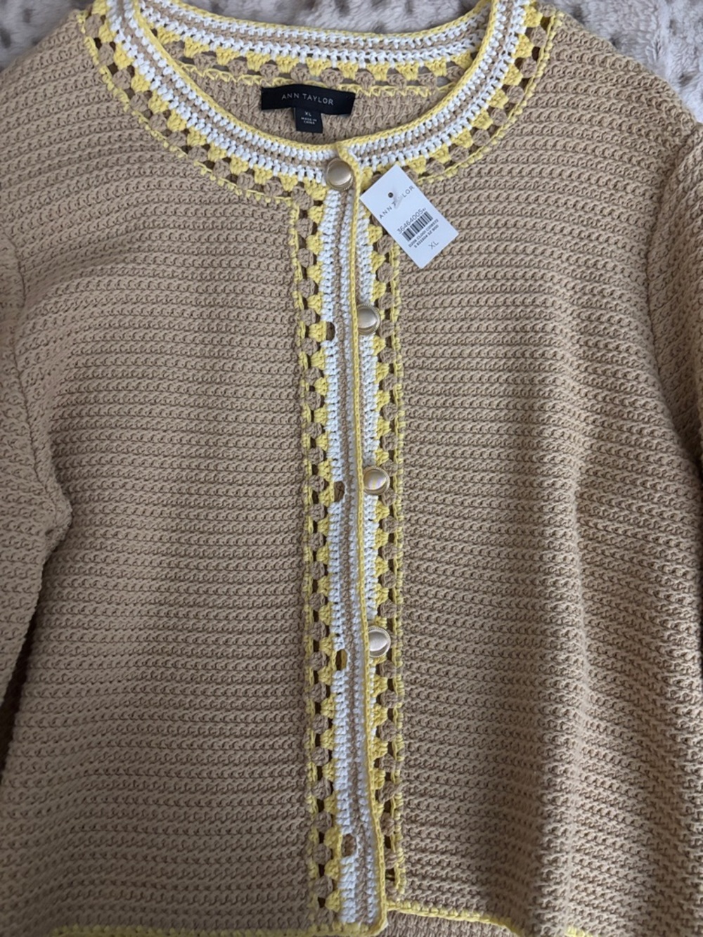 Ann Taylor Beige Crocheted Trim Cardigan with White and Yellow Accents - NWT - Picture 3 of 7
